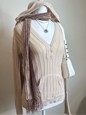 Y2K Fitted Henley Knit Hoodie Downtown Cottage Coquette Vintage